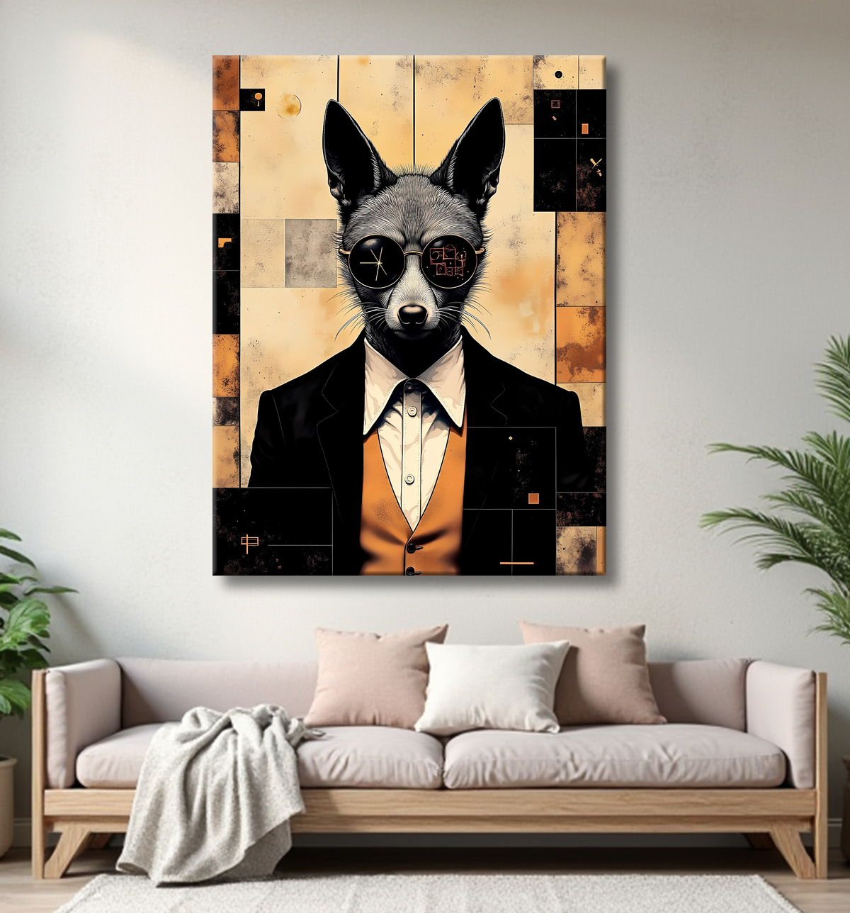 Tableau loup hypnotique - Animal anthropomorphe loufoque sur fond abstrait avec decor