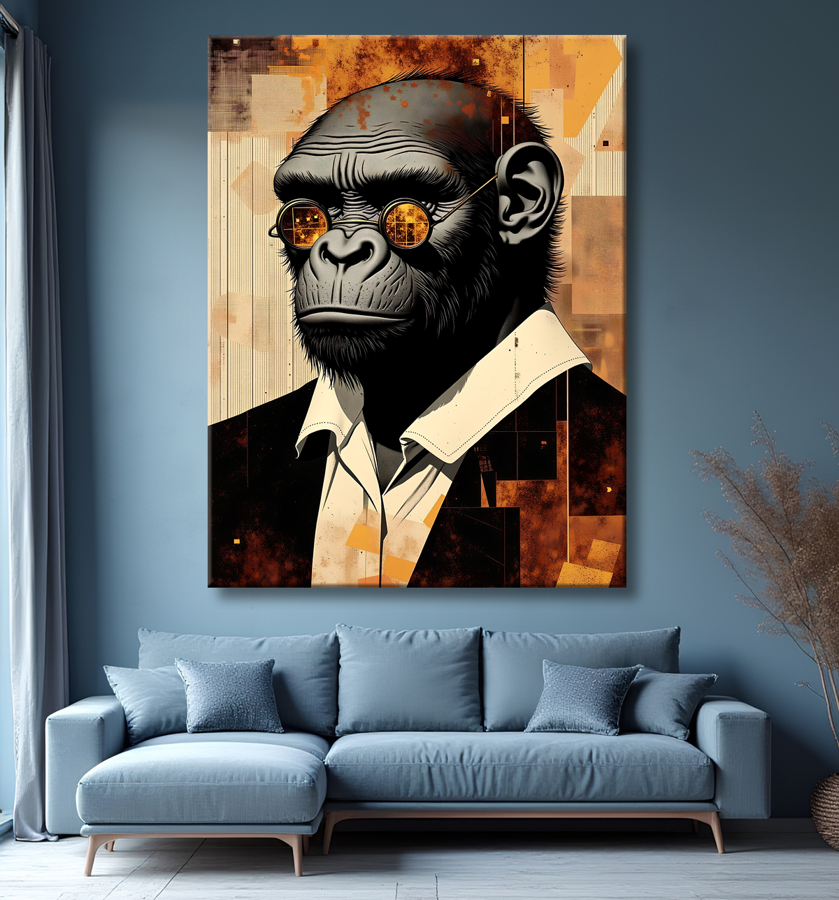 Tableau gorille hypnotique - Animal anthropomorphe sur fond abstrait avec decor
