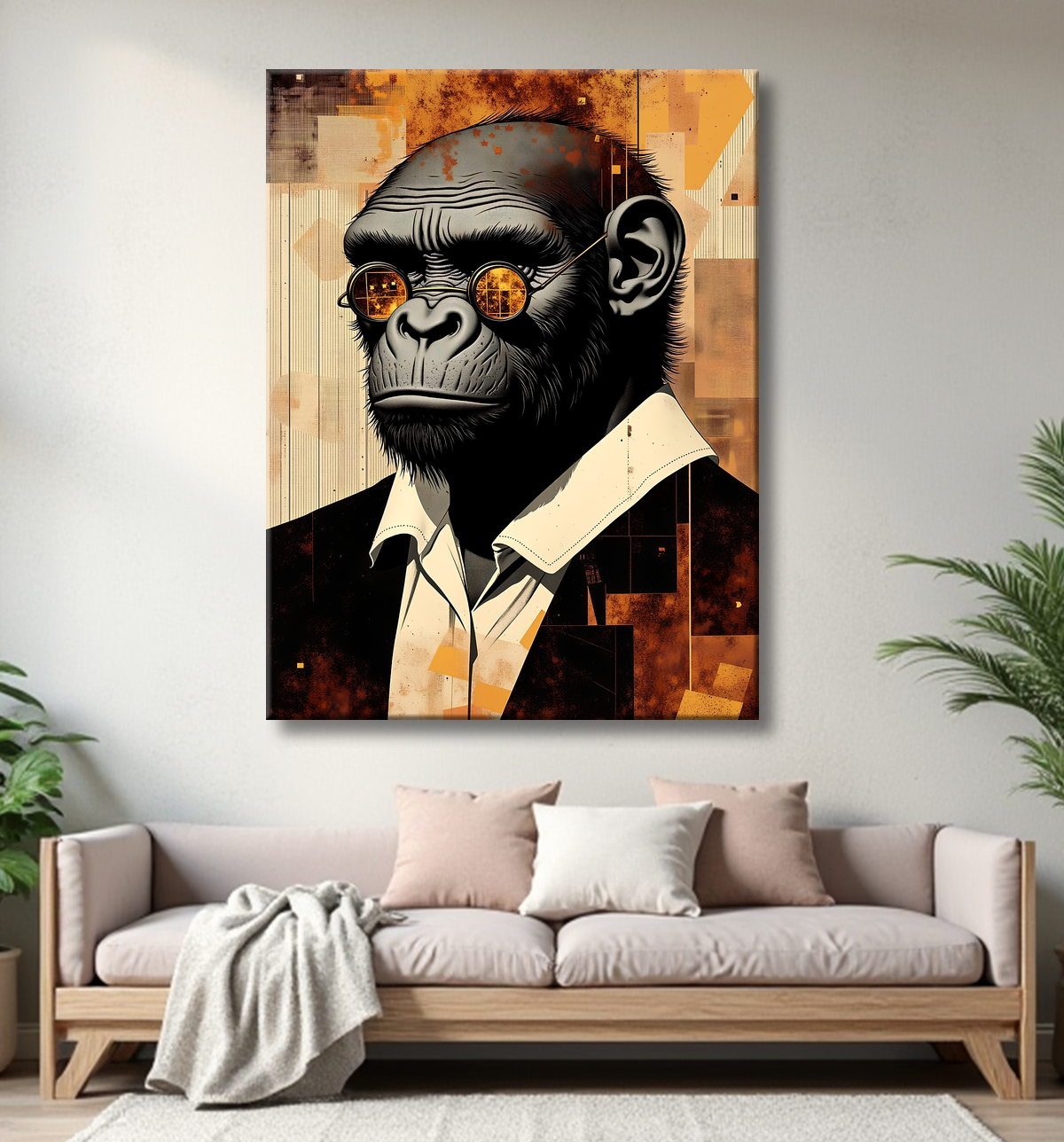 Tableau gorille hypnotique - Animal anthropomorphe sur fond abstrait avec decor