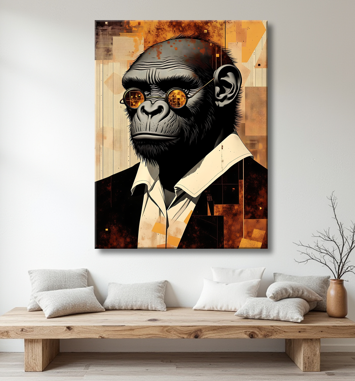 Tableau gorille hypnotique - Animal anthropomorphe sur fond abstrait avec decor