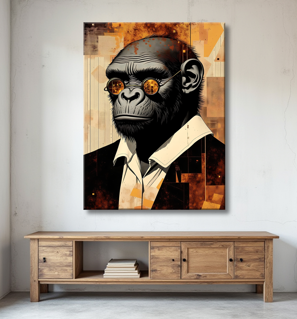 Tableau gorille hypnotique - Animal anthropomorphe sur fond abstrait avec decor