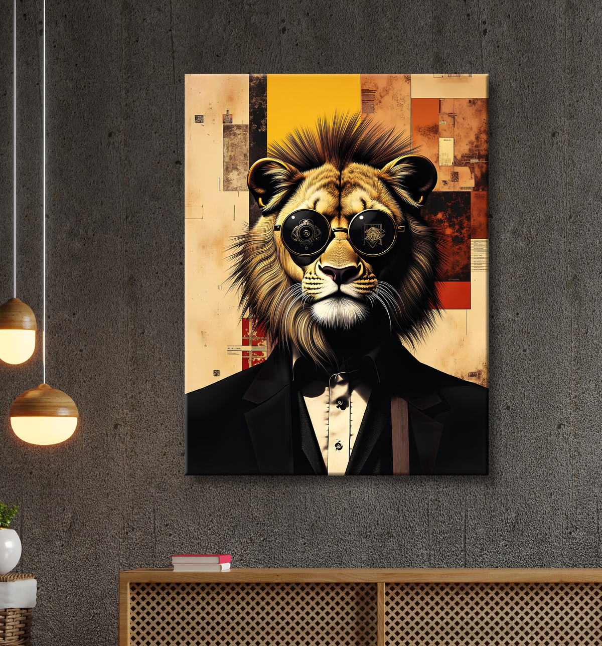 Tableau lion hypnotique - Animal anthropomorphe sur fond abstrait avec decor