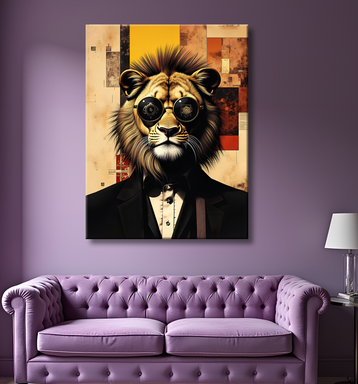 Tableau lion hypnotique - Animal anthropomorphe sur fond abstrait avec decor