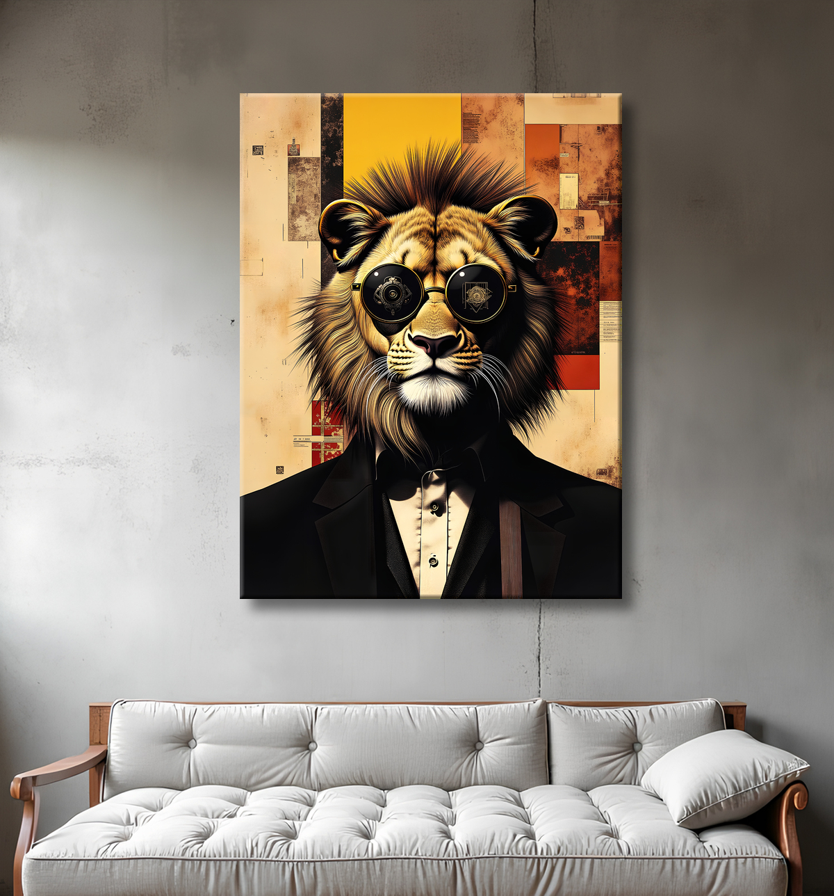 Tableau lion hypnotique - Animal anthropomorphe sur fond abstrait avec decor