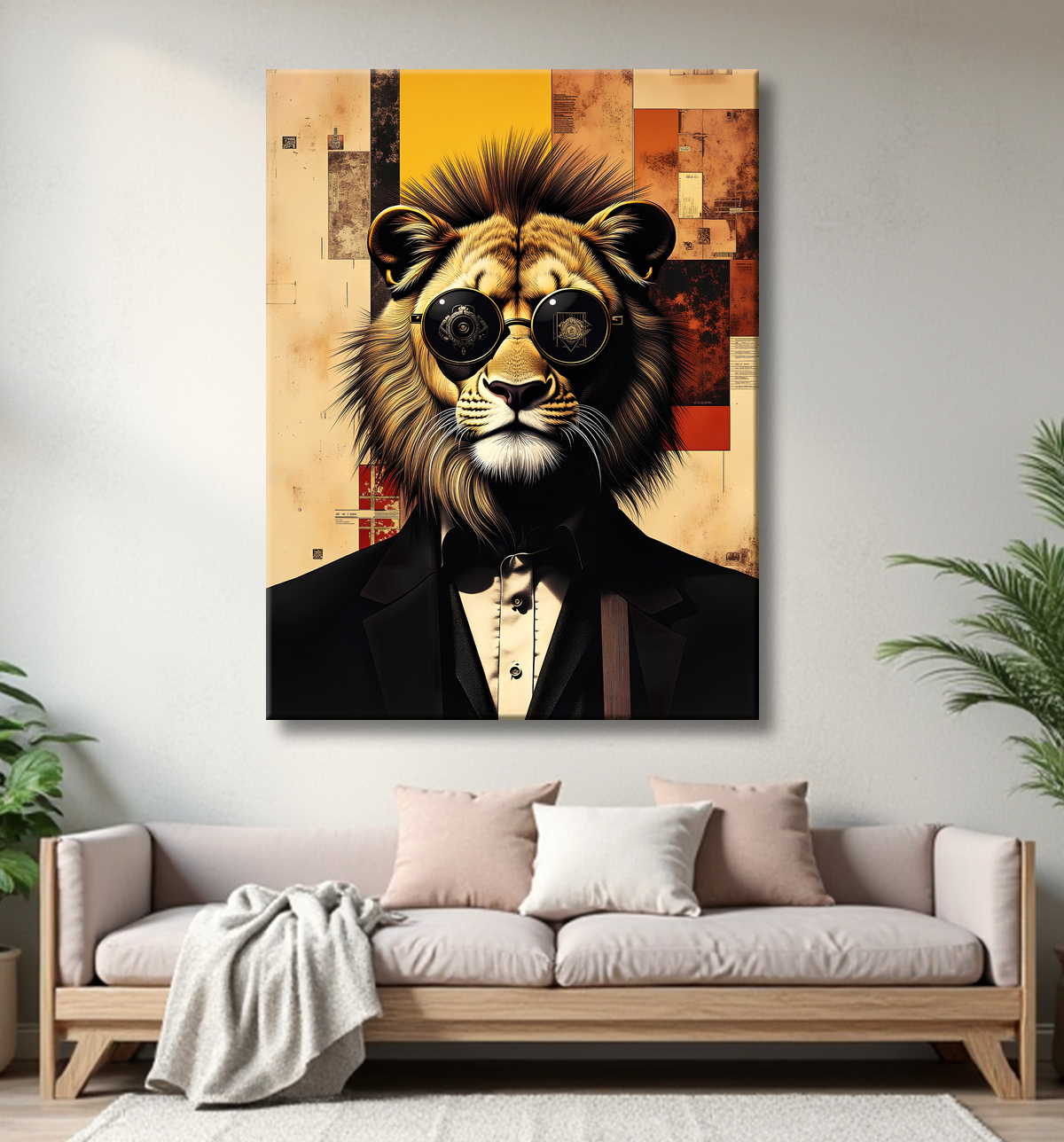 Tableau lion hypnotique - Animal anthropomorphe sur fond abstrait avec decor