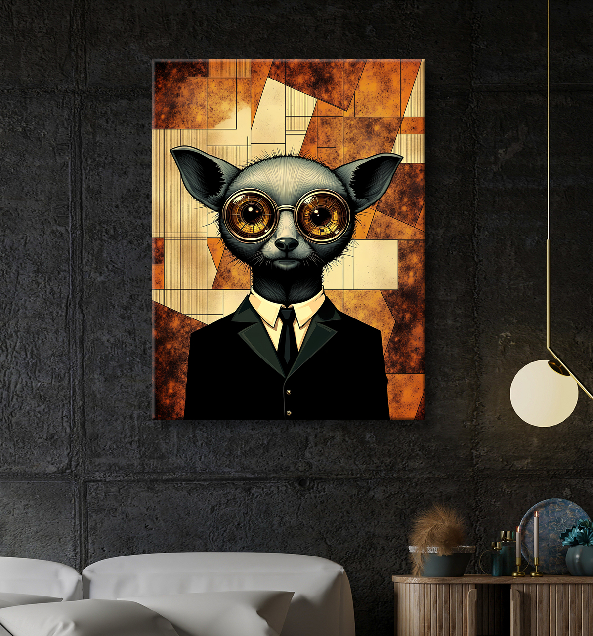 Tableau animal hypnotique rétro - Portrait mystérieux et graphique avec decor