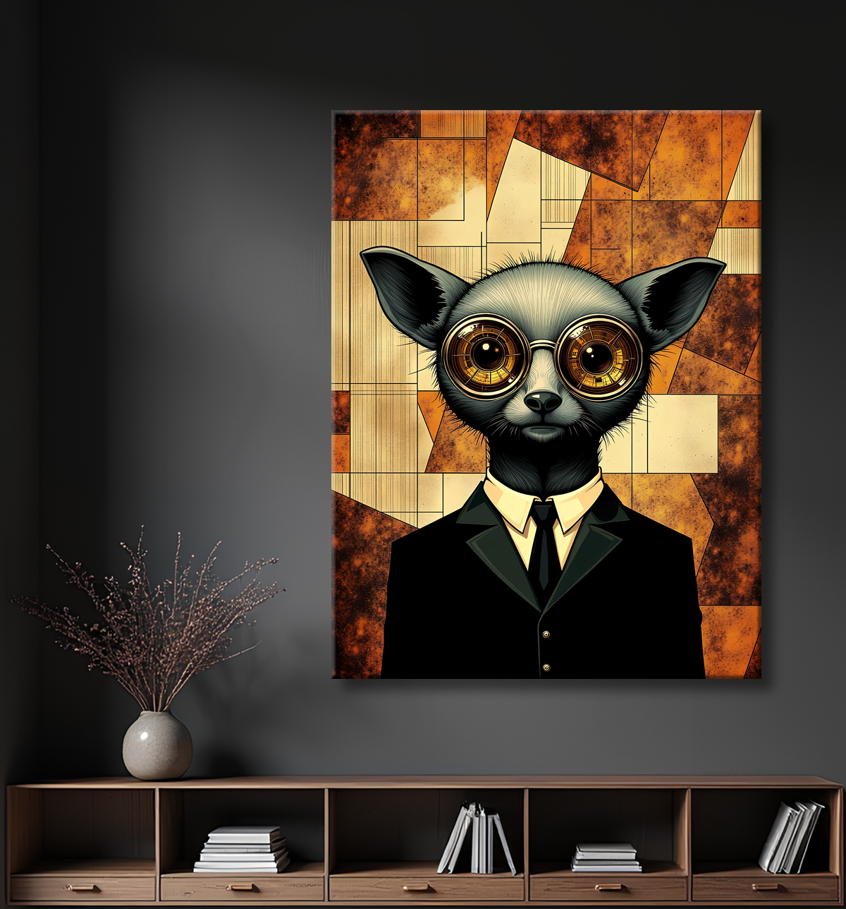 Tableau animal hypnotique rétro - Portrait mystérieux et graphique avec decor