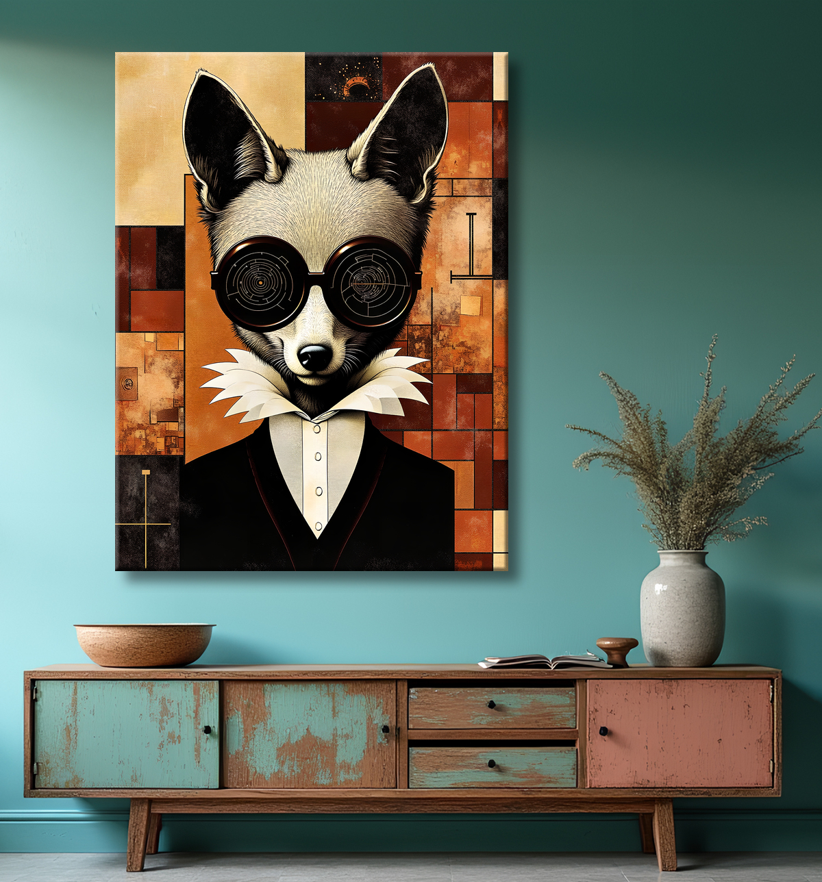 Tableau animal hypnotique rétro - Portrait mystérieux et graphique avec decor