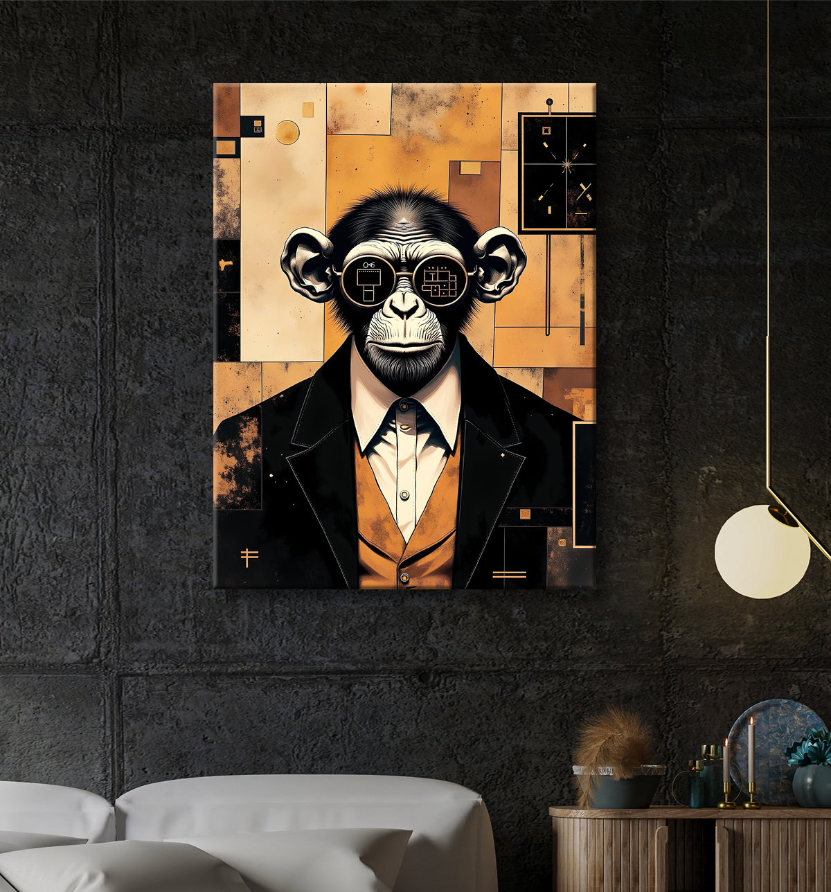 Tableau chimpanzé hypnotique - Animal anthropomorphe sur fond abstrait avec decor