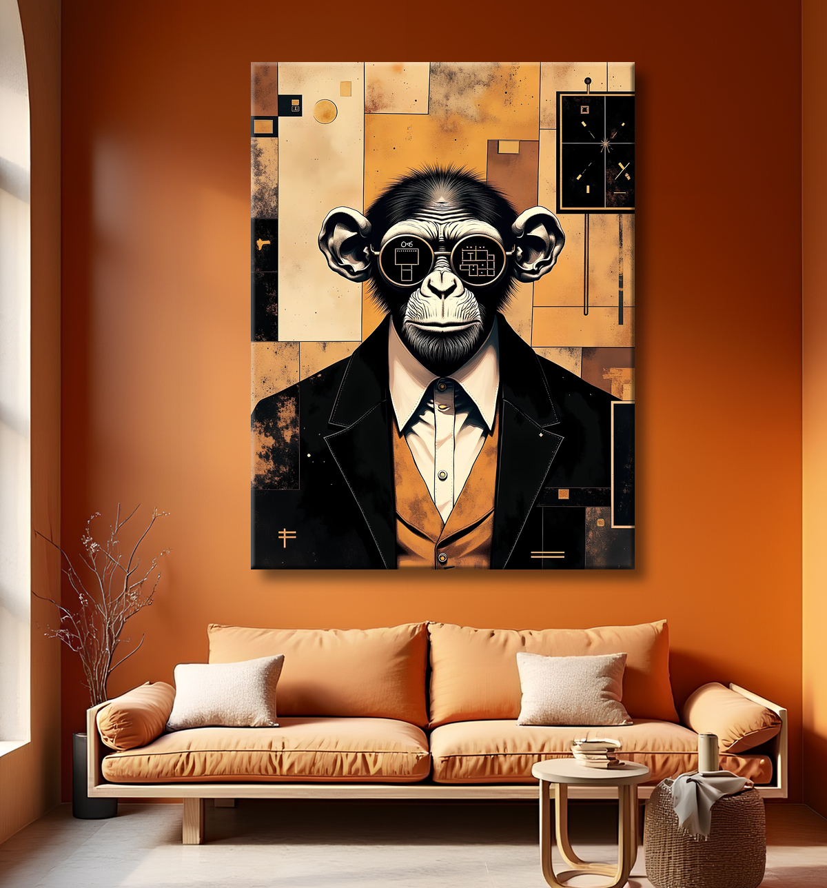 Tableau chimpanzé hypnotique - Animal anthropomorphe sur fond abstrait avec decor