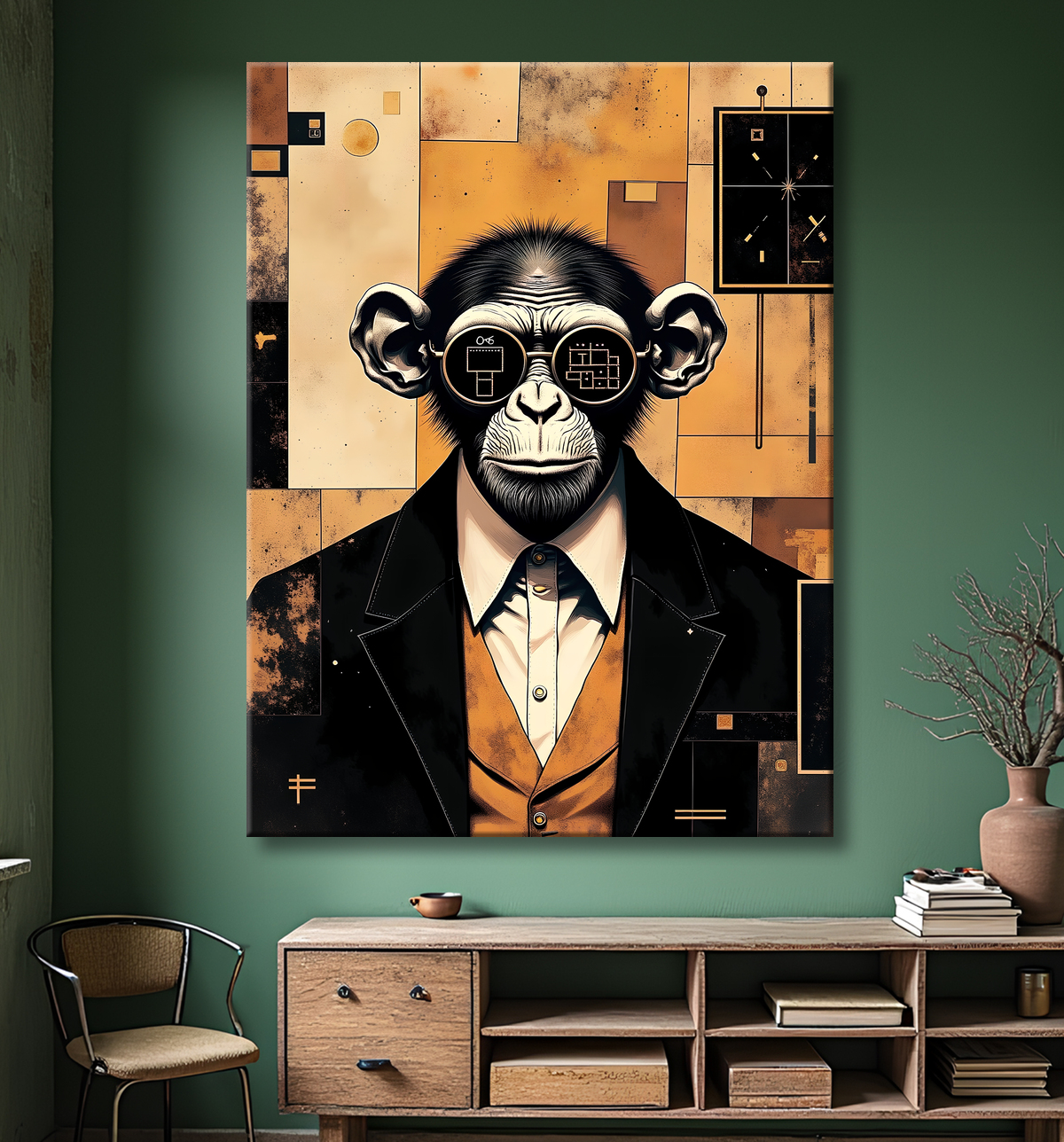Tableau chimpanzé hypnotique - Animal anthropomorphe sur fond abstrait avec decor
