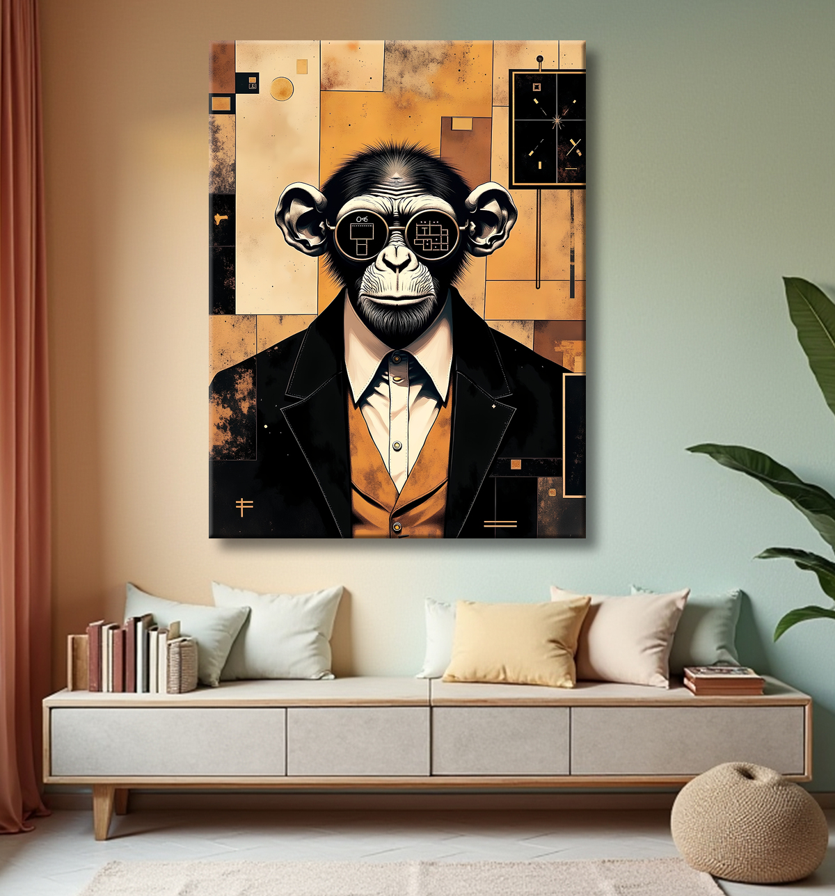 Tableau chimpanzé hypnotique - Animal anthropomorphe sur fond abstrait avec decor