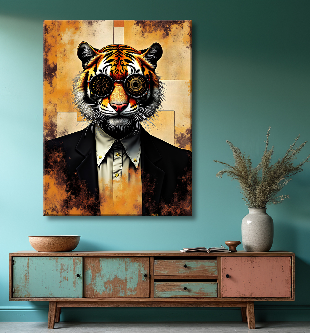 Tableau lion hypnotique - Animal anthropomorphe sur fond abstrait avec decor