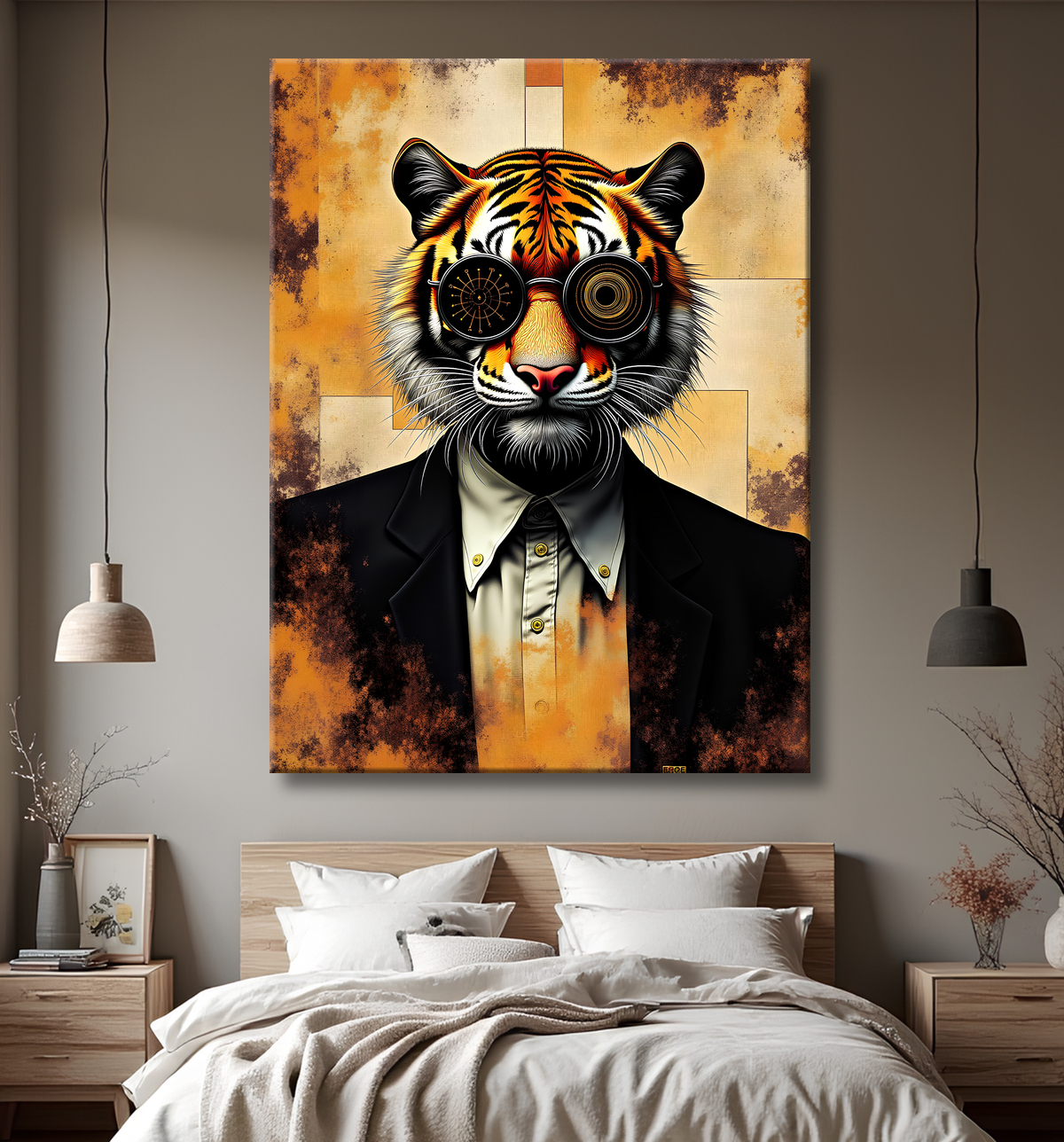 Tableau lion hypnotique - Animal anthropomorphe sur fond abstrait avec decor