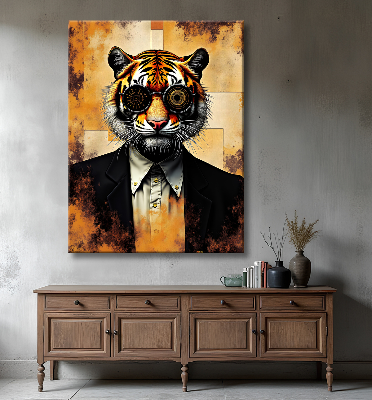 Tableau lion hypnotique - Animal anthropomorphe sur fond abstrait avec decor