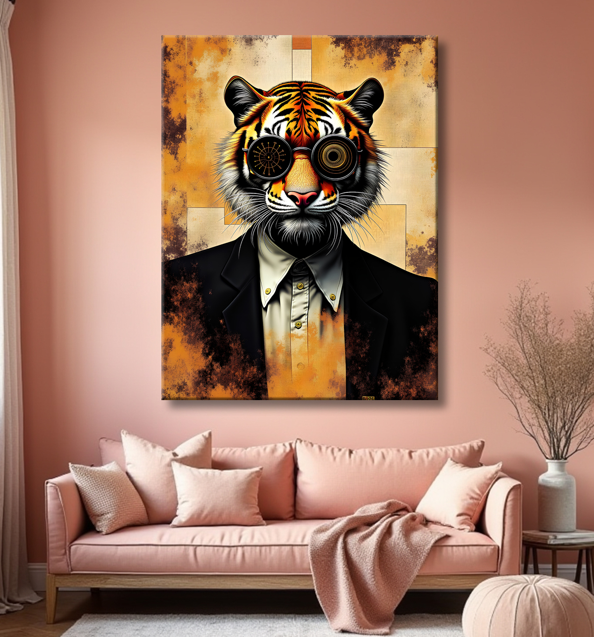 Tableau lion hypnotique - Animal anthropomorphe sur fond abstrait avec decor