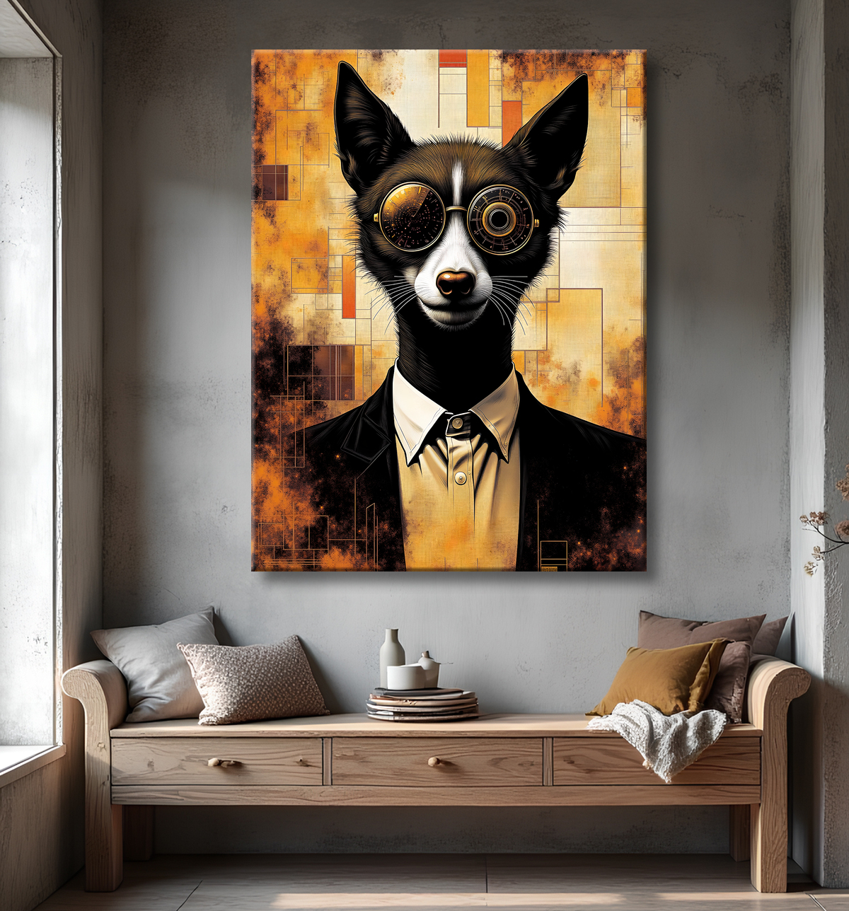 Tableau loup hypnotique - Animal anthropomorphe loufoque sur fond abstrait avec decor