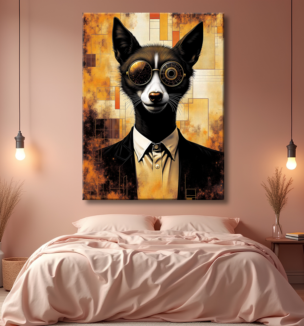Tableau loup hypnotique - Animal anthropomorphe loufoque sur fond abstrait avec decor