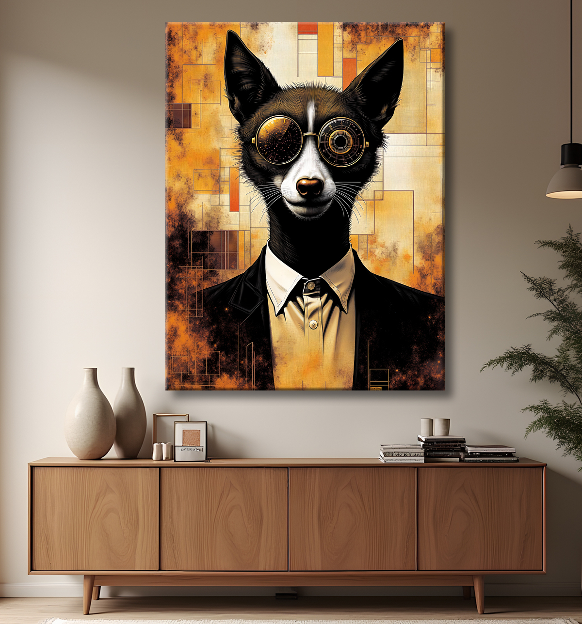 Tableau loup hypnotique - Animal anthropomorphe loufoque sur fond abstrait avec decor