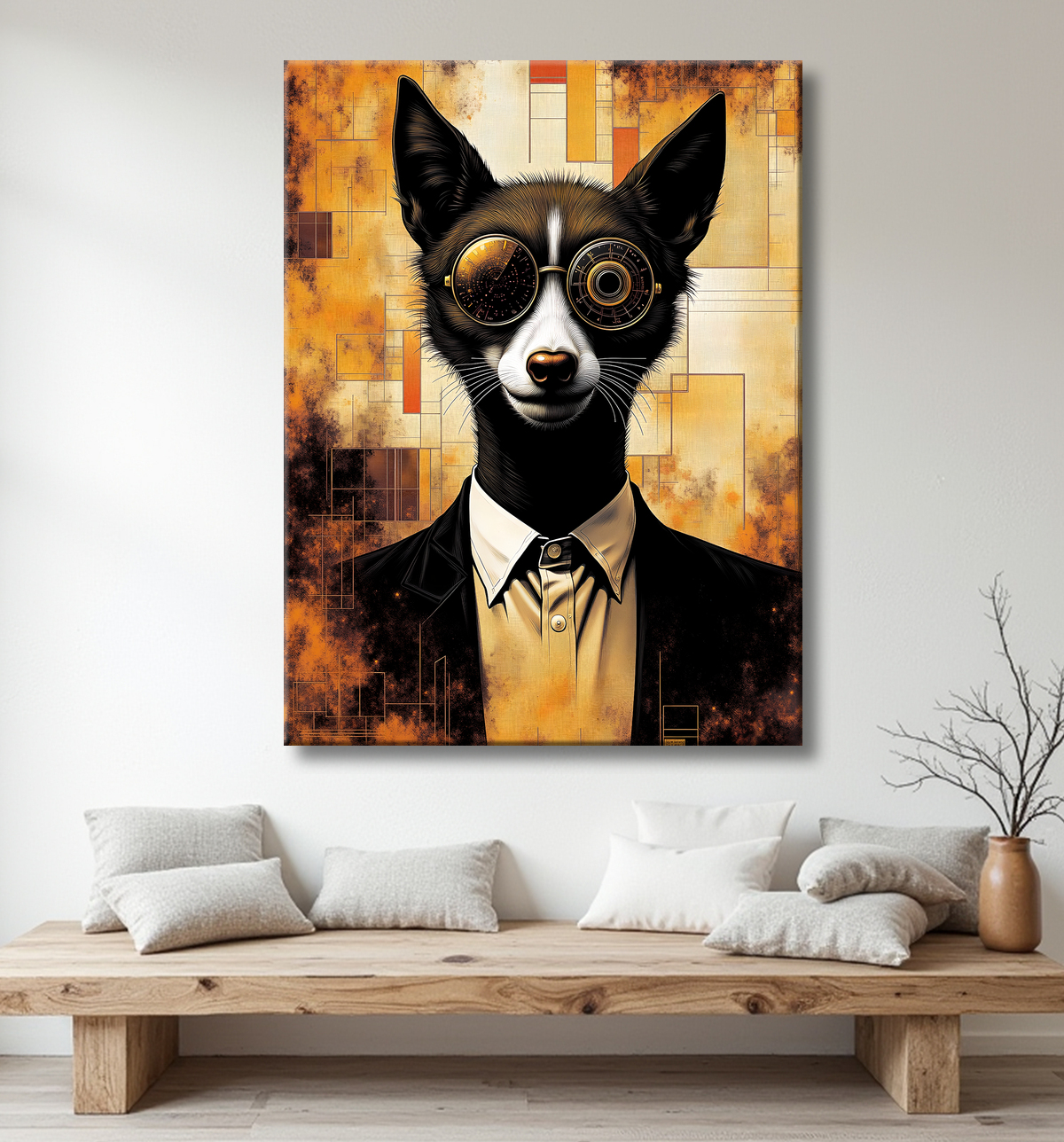 Tableau loup hypnotique - Animal anthropomorphe loufoque sur fond abstrait avec decor