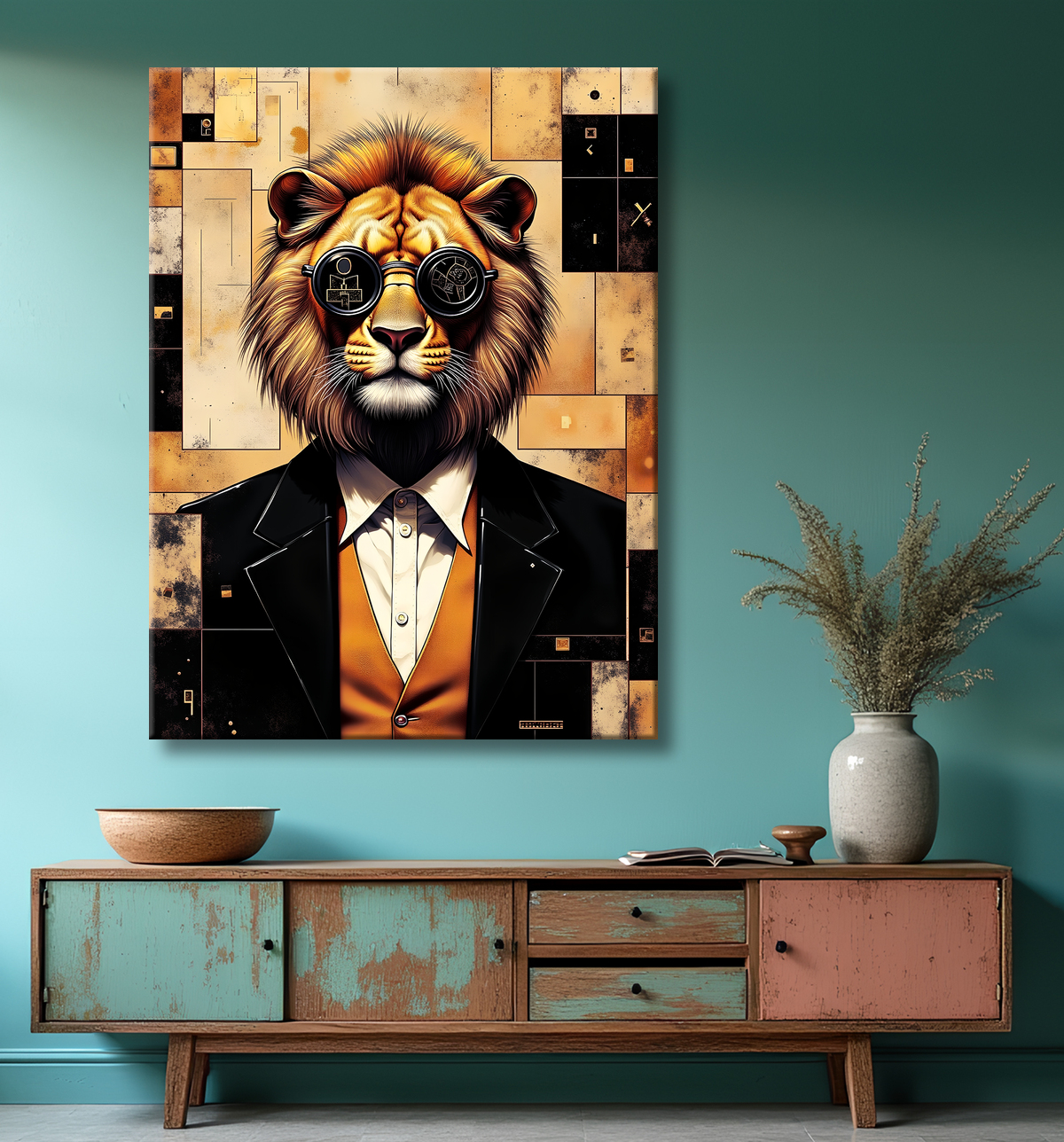 Tableau lion hypnotique - Animal anthropomorphe sur fond abstrait avec decor
