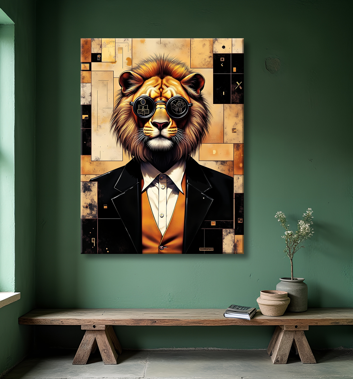 Tableau lion hypnotique - Animal anthropomorphe sur fond abstrait avec decor