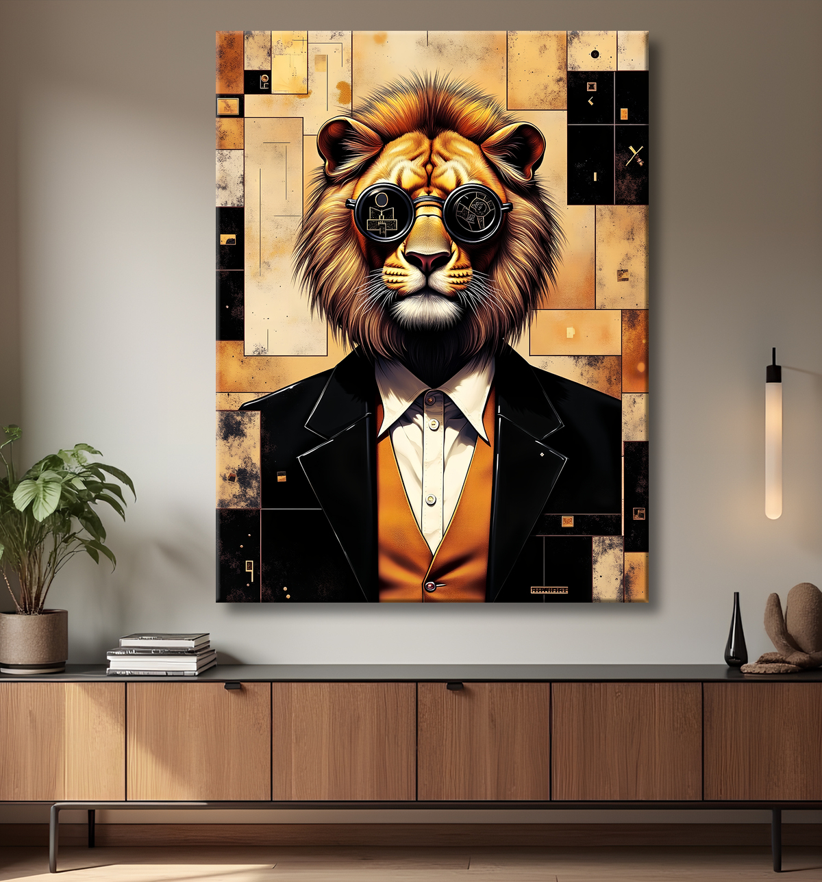 Tableau lion hypnotique - Animal anthropomorphe sur fond abstrait avec decor
