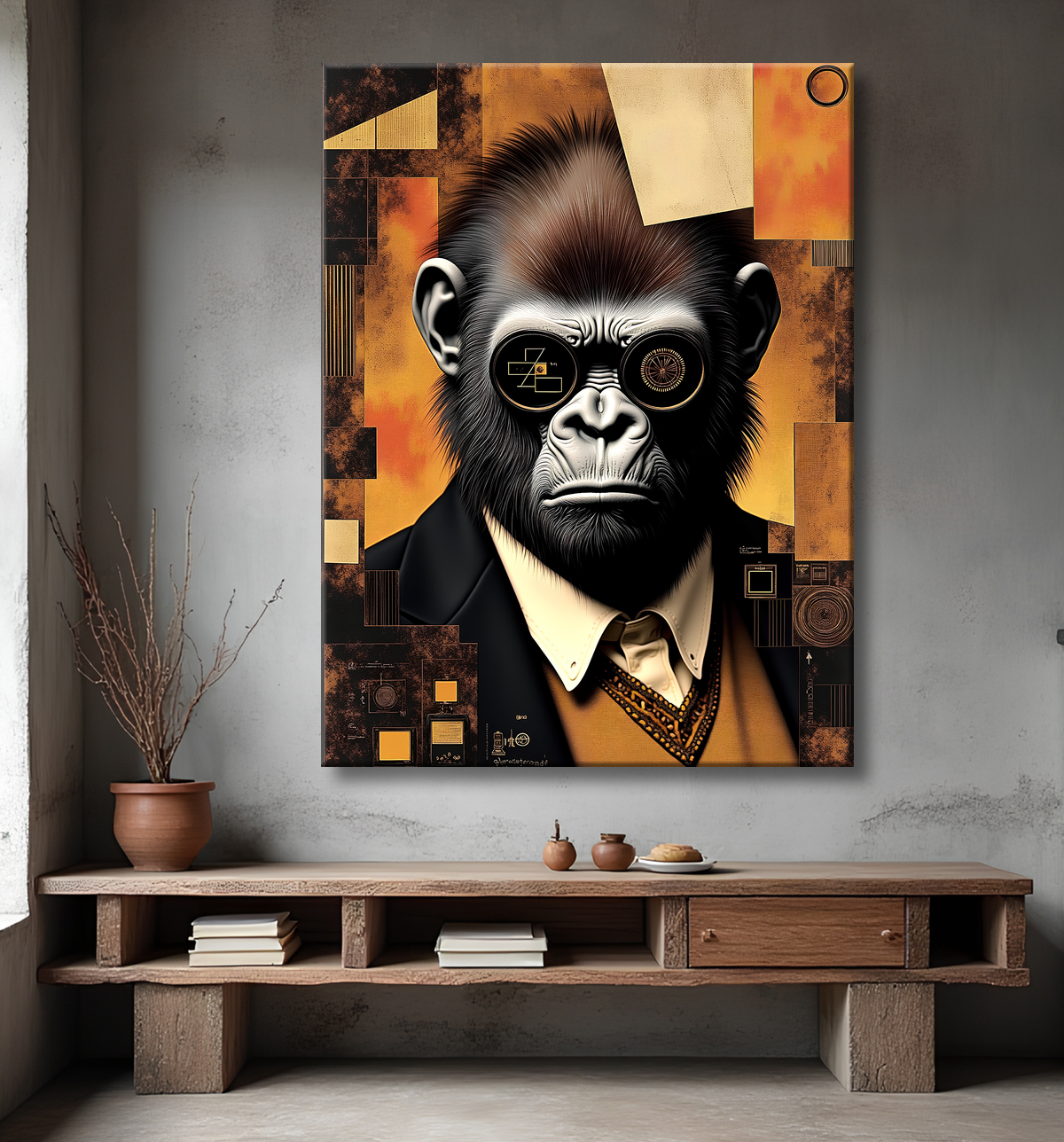 Tableau gorille hypnotique - Animal anthropomorphe sur fond abstrait avec decor
