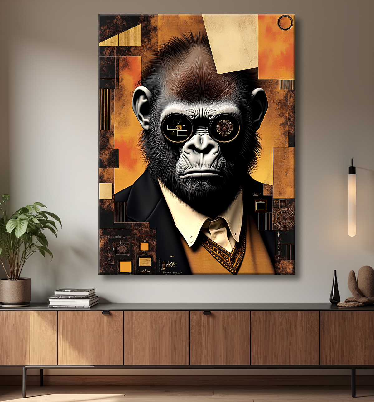 Tableau gorille hypnotique - Animal anthropomorphe sur fond abstrait avec decor