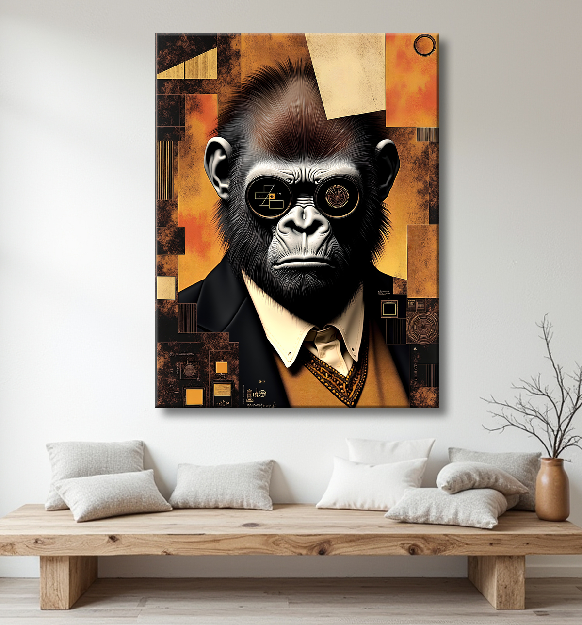 Tableau gorille hypnotique - Animal anthropomorphe sur fond abstrait avec decor
