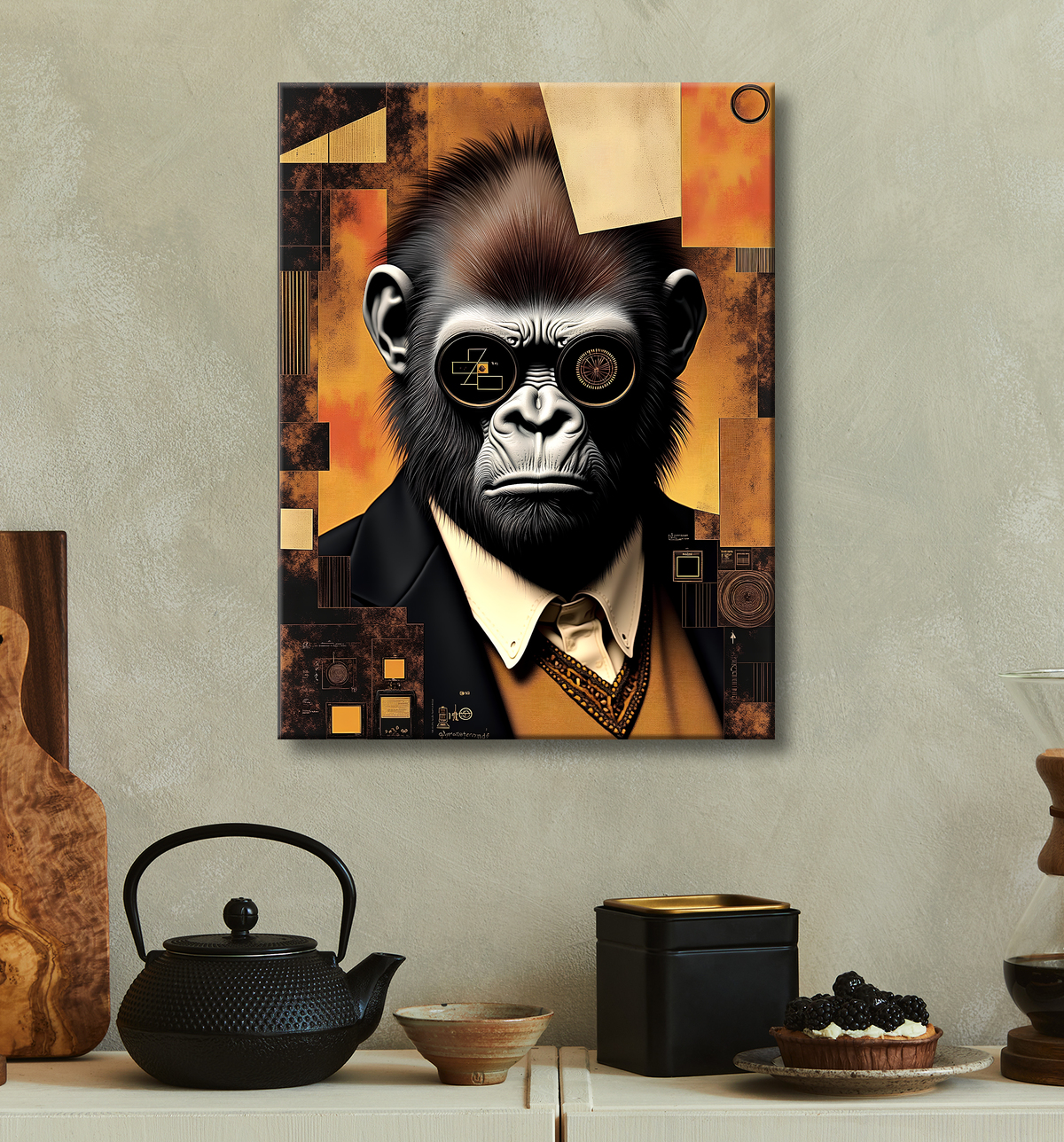 Tableau gorille hypnotique - Animal anthropomorphe sur fond abstrait avec decor
