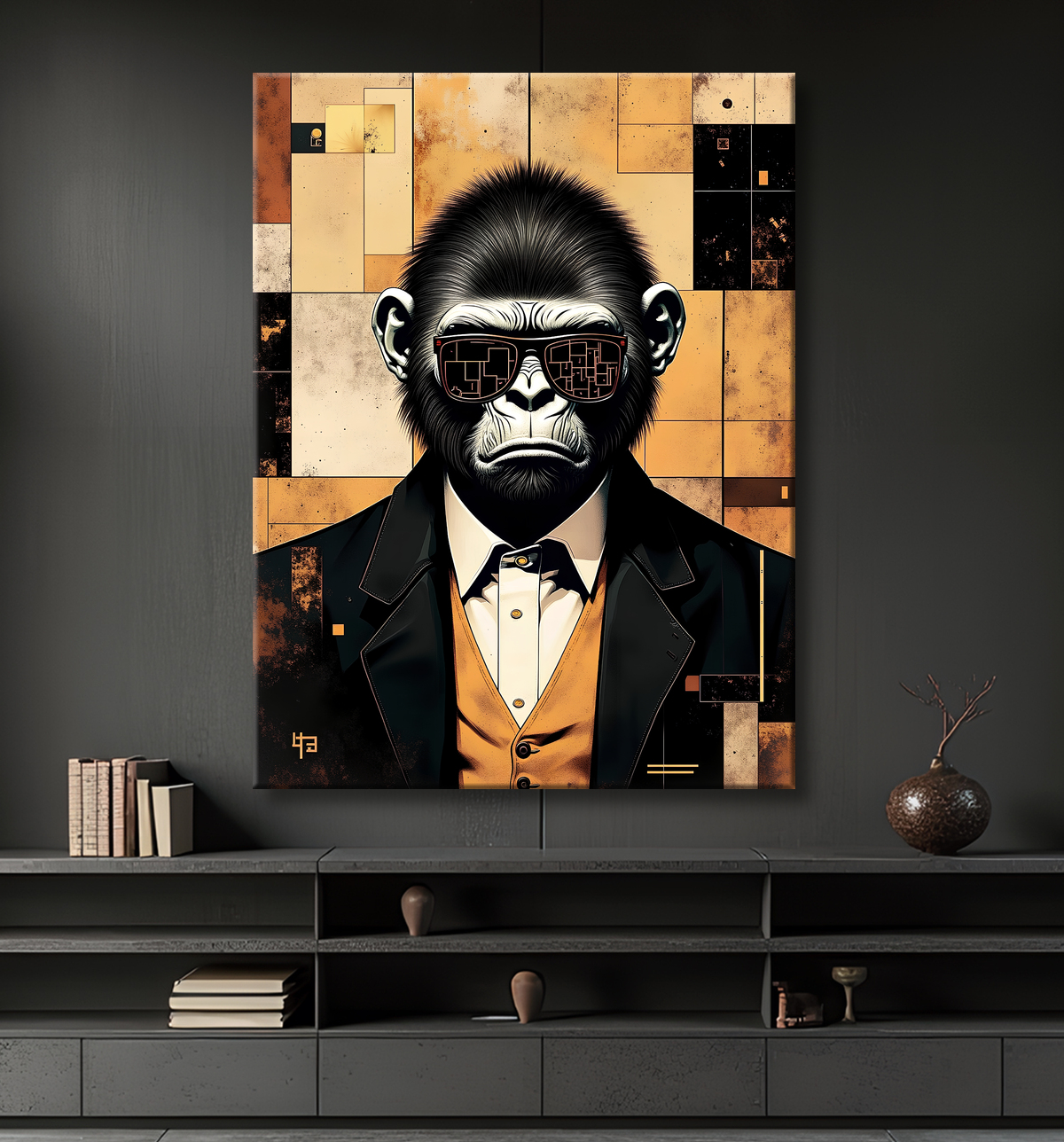 Tableau gorille hypnotique - Animal anthropomorphe sur fond abstrait avec decor