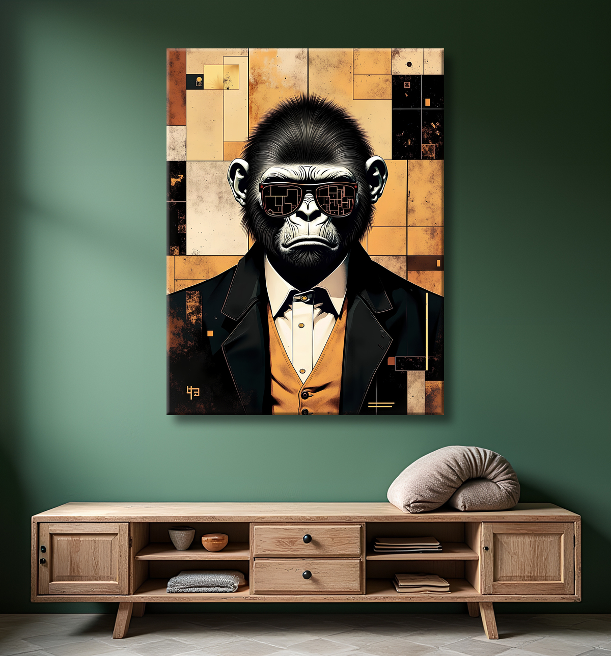 Tableau gorille hypnotique - Animal anthropomorphe sur fond abstrait avec decor