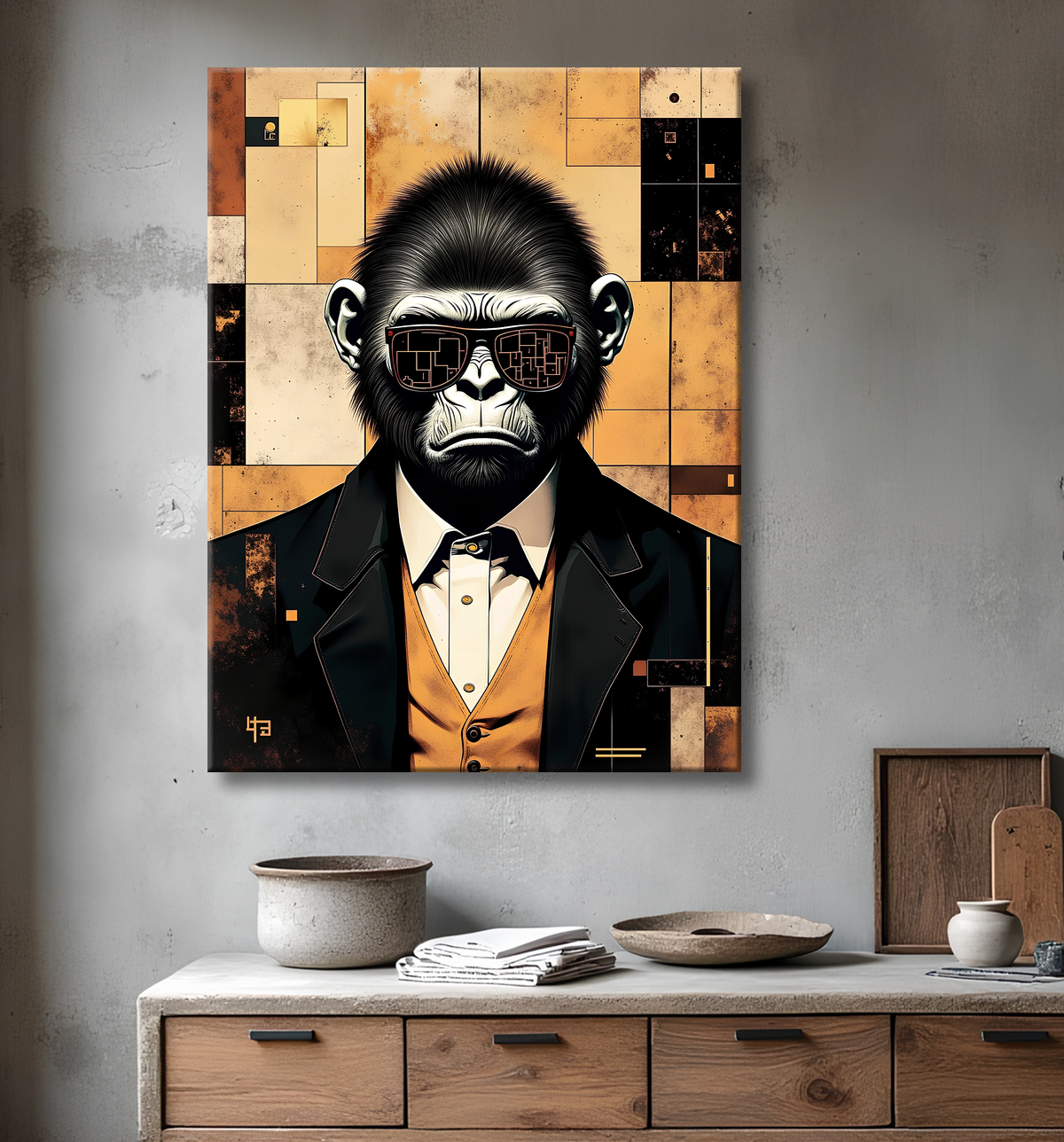 Tableau gorille hypnotique - Animal anthropomorphe sur fond abstrait avec decor