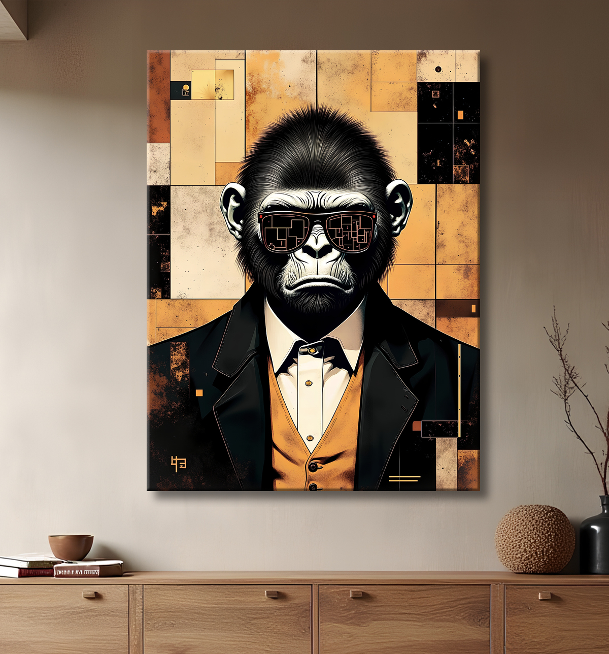 Tableau gorille hypnotique - Animal anthropomorphe sur fond abstrait avec decor