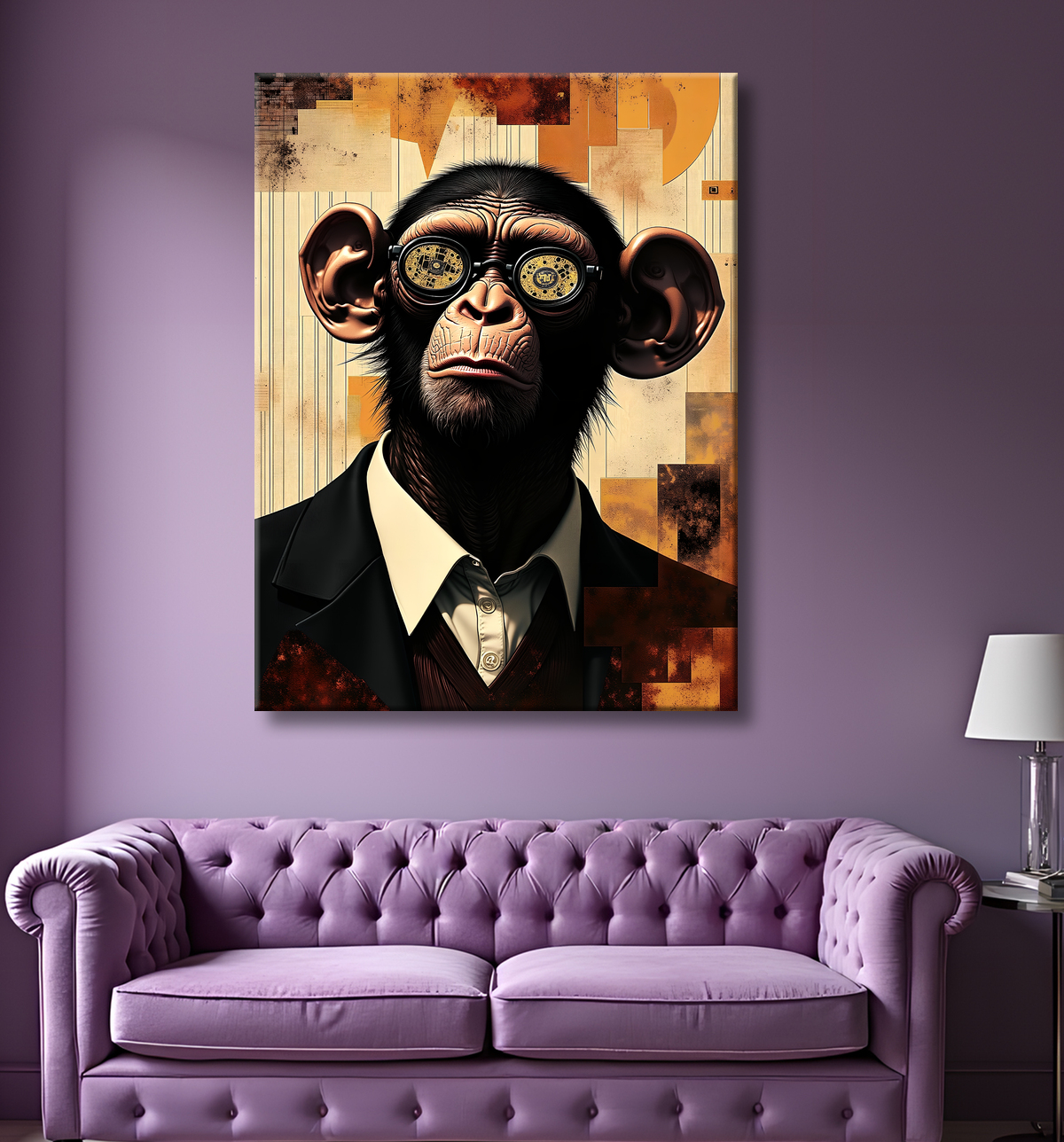 Tableau singe hypnotique - Animal anthropomorphe sur fond abstrait avec decor