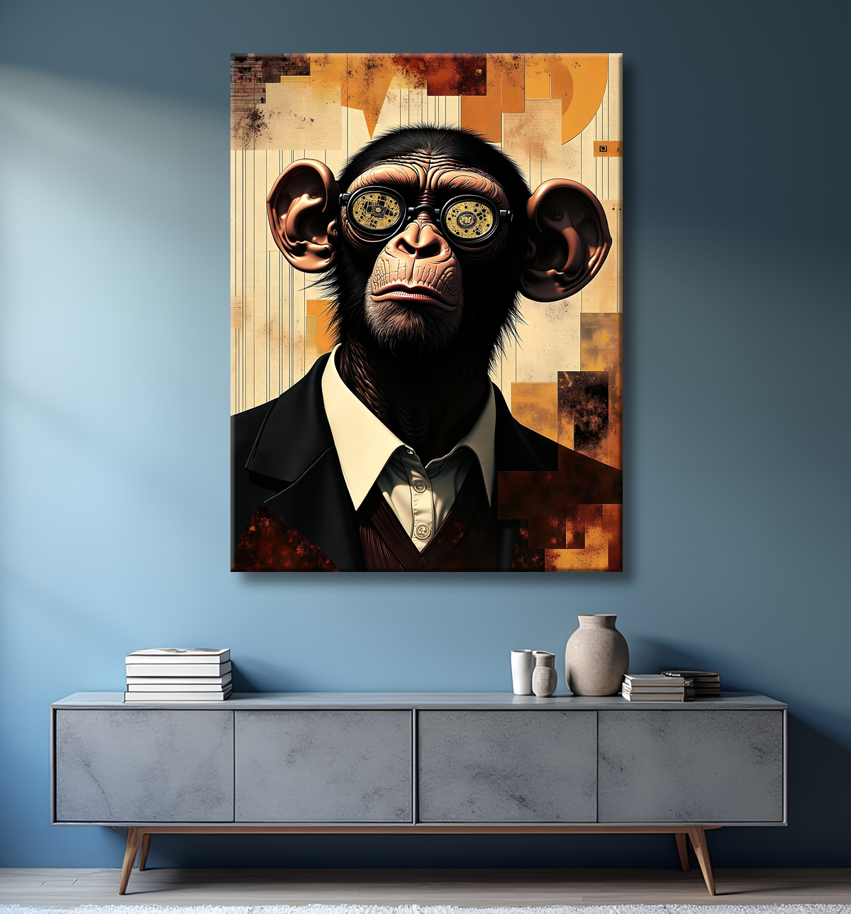 Tableau singe hypnotique - Animal anthropomorphe sur fond abstrait avec decor