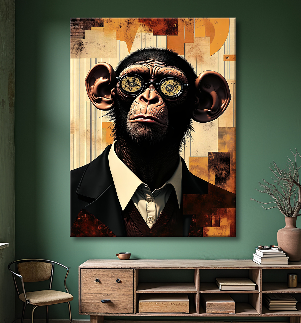 Tableau singe hypnotique - Animal anthropomorphe sur fond abstrait avec decor