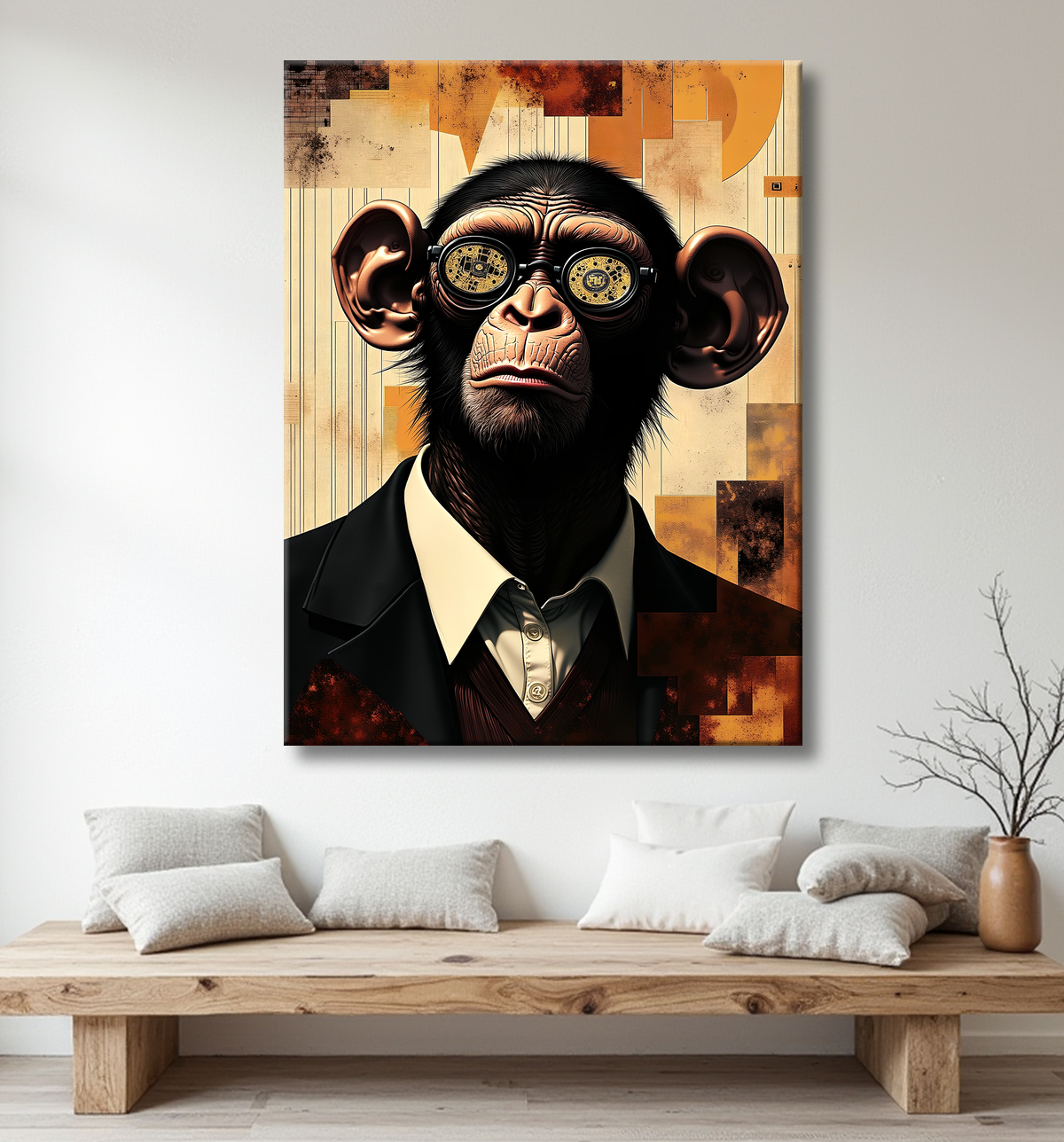 Tableau singe hypnotique - Animal anthropomorphe sur fond abstrait avec decor