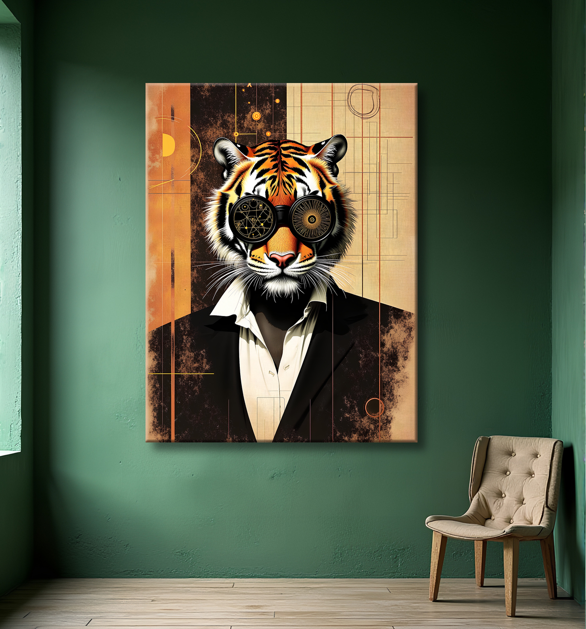 Tableau lion hypnotique - Animal anthropomorphe sur fond abstrait avec decor