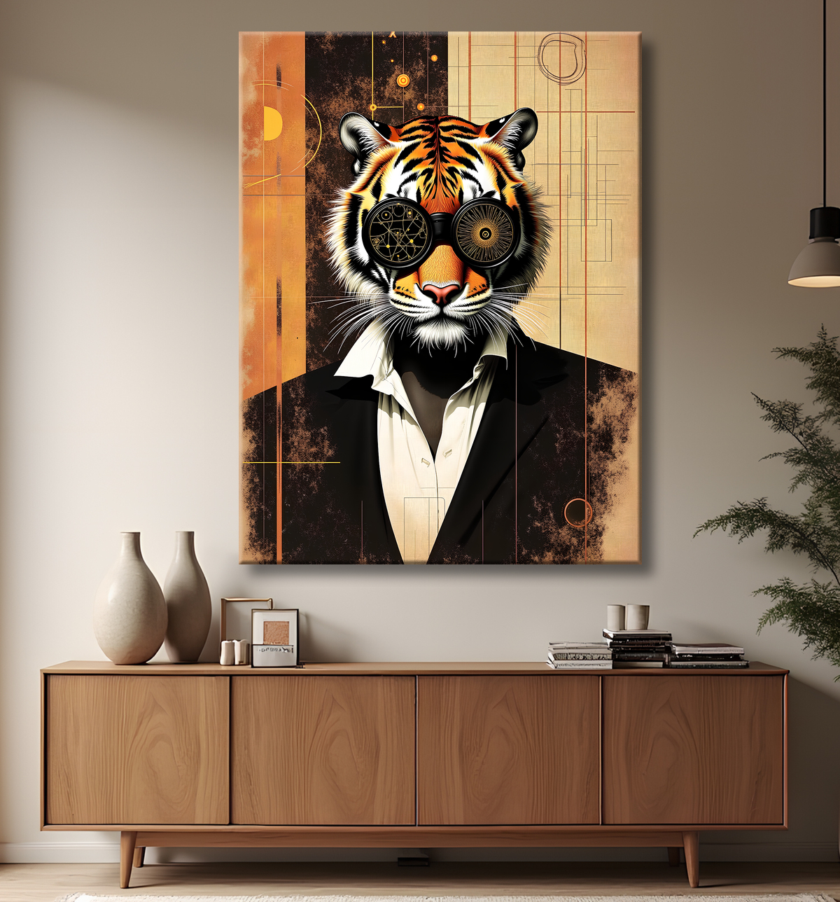 Tableau lion hypnotique - Animal anthropomorphe sur fond abstrait avec decor