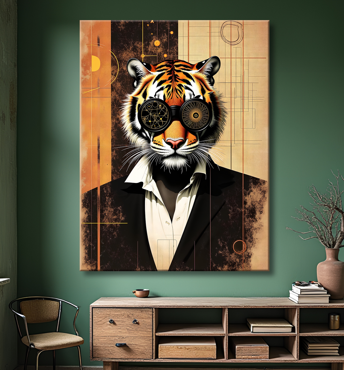 Tableau lion hypnotique - Animal anthropomorphe sur fond abstrait avec decor