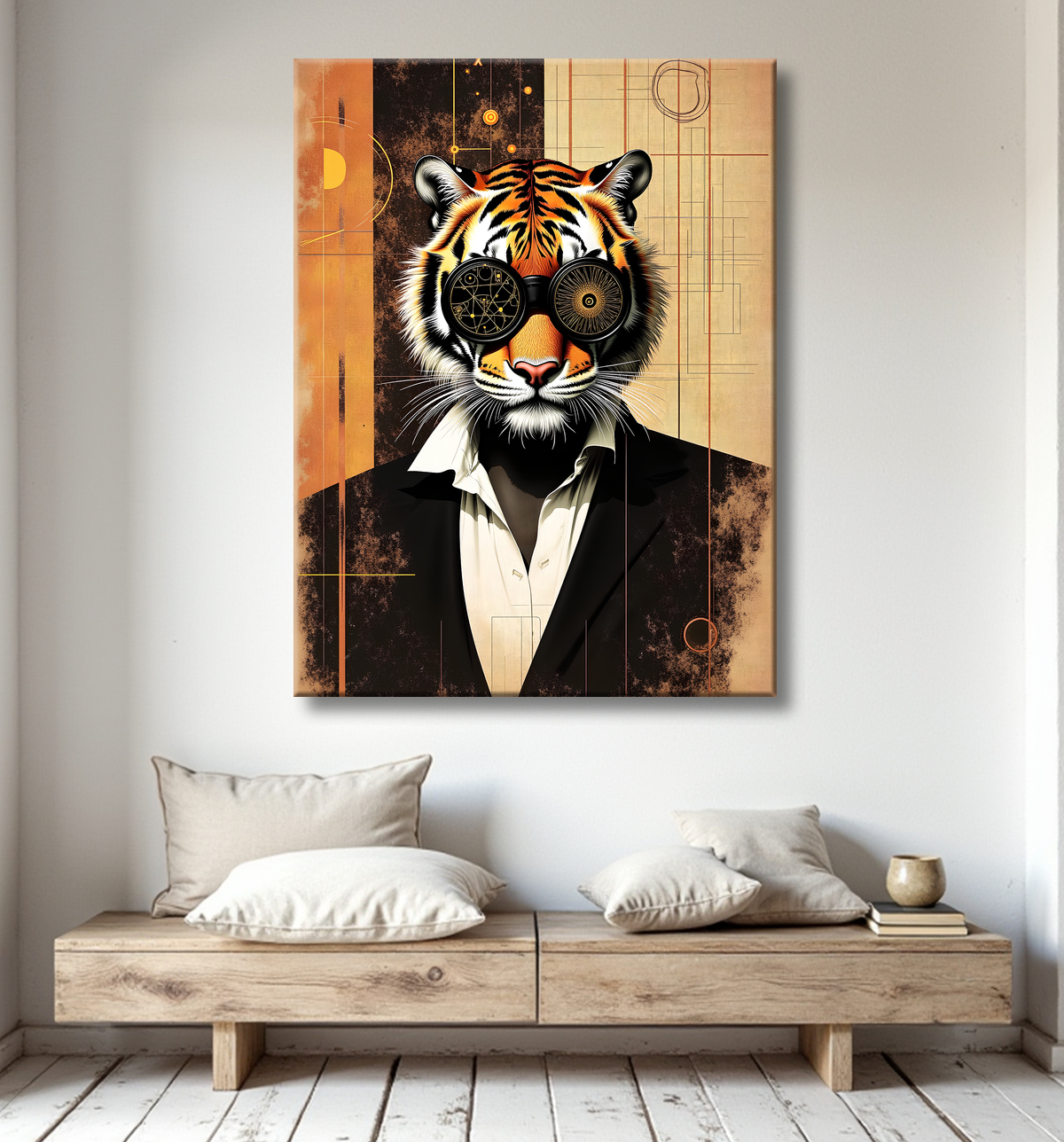 Tableau lion hypnotique - Animal anthropomorphe sur fond abstrait avec decor