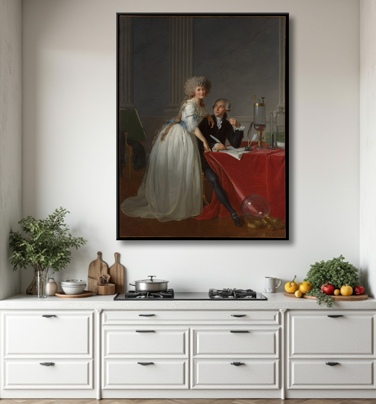 Reproduction Antoine Laurent Lavoisier (1743–1794) and Marie Anne Lavoisier (Marie Anne Pierrette Paulze, 1758–1836) de Jacques Louis David avec decor