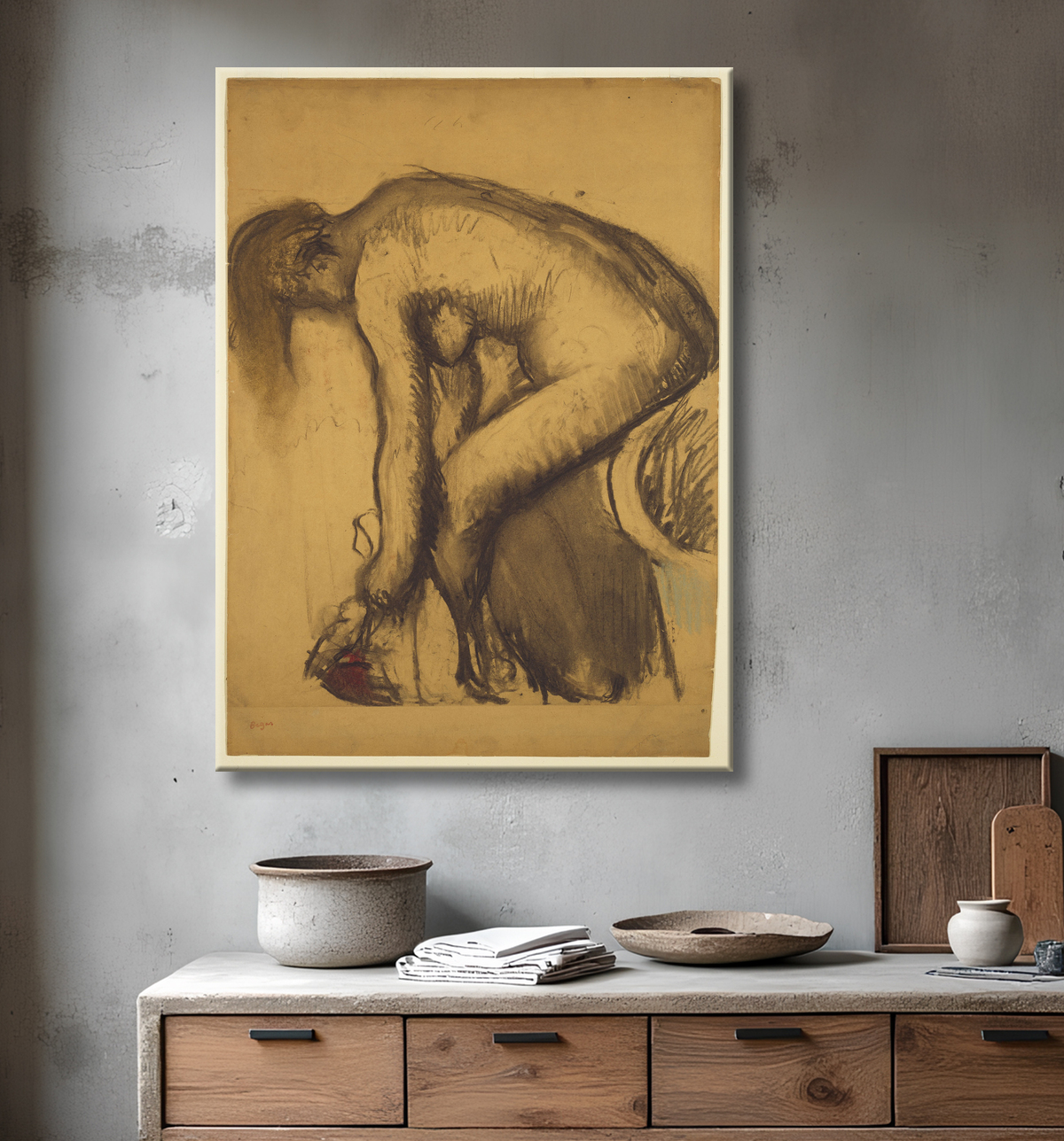 Reproduction Après le bain (femme séchant ses pieds) de Hilaire Germain Edgar Degas avec decor