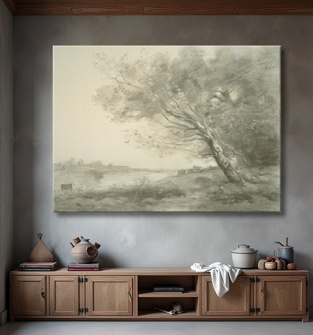 Reproduction Arbre courbé au bord de l'eau de Jean Baptiste Camille Corot avec decor