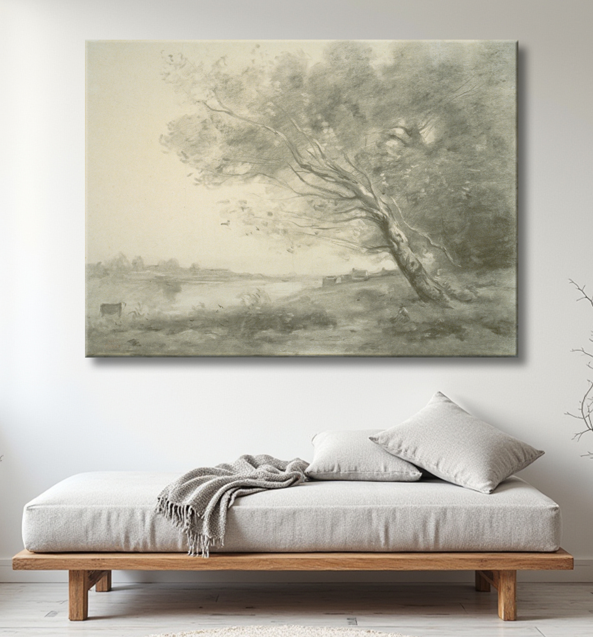 Reproduction Arbre courbé au bord de l'eau de Jean Baptiste Camille Corot avec decor