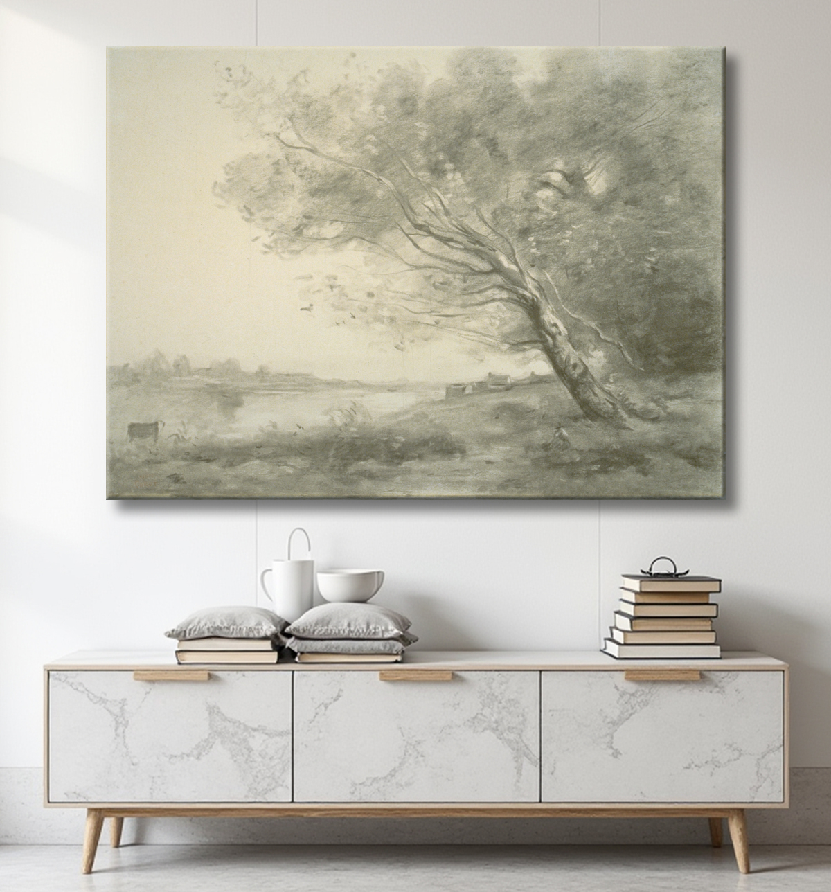 Reproduction Arbre courbé au bord de l'eau de Jean Baptiste Camille Corot avec decor
