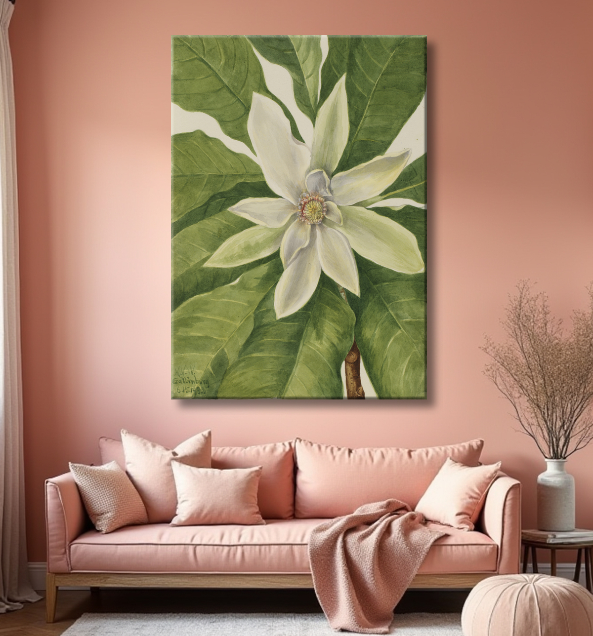 Reproduction Arbre parapluie (Magnolia tripetala) de Mary Vaux Walcott, born Philadelphia, PA 1860-died St. Andrews, New Brunswick, Canada 1940 avec decor