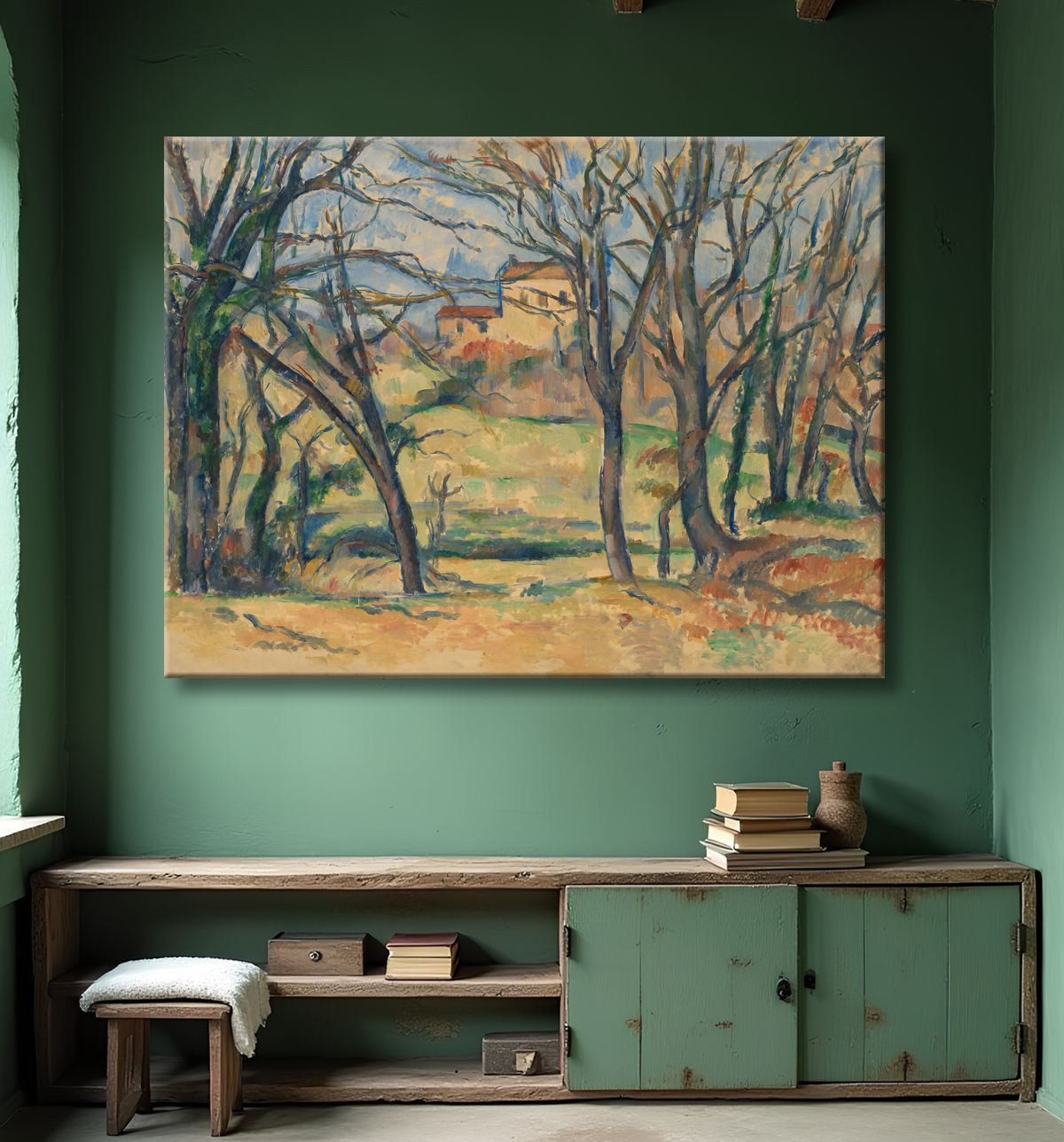 Reproduction Arbres et maisons près du Jas de Bouffan de Paul Cézanne avec decor